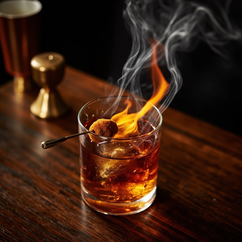 A smoked Old Fashioned with a flamed orange peel, photographed over walnut.