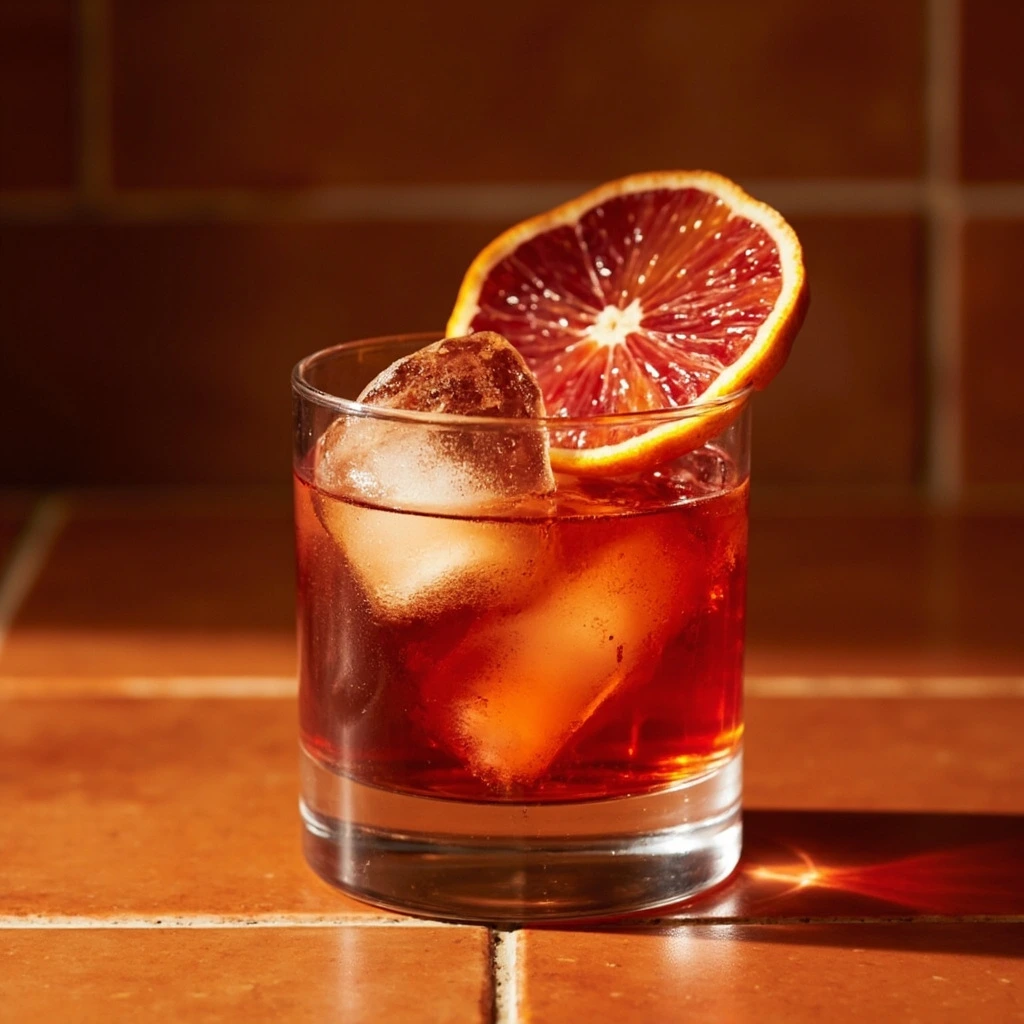 A mezcal Negroni with blood orange garnish over terracotta.