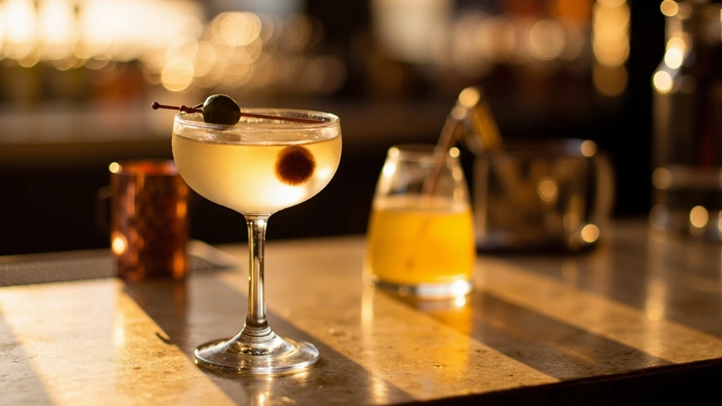 A stirred Martini in a frosted cocktail glass with a single olive on a copper pick.
