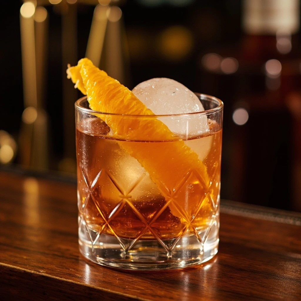 A Boulevardier in a rocks glass with a large ice sphere and orange twist.