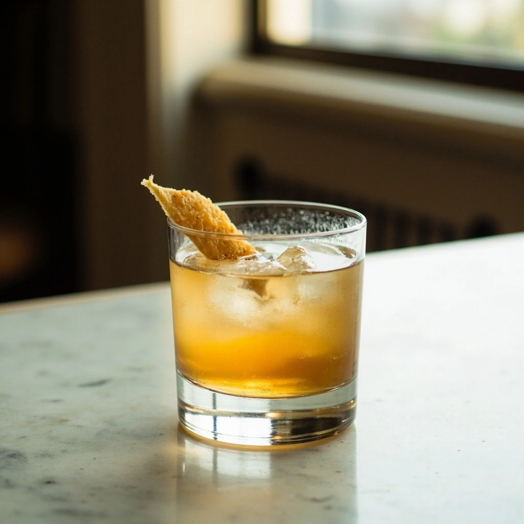 A Penicillin cocktail with candied ginger and a Scotch float.